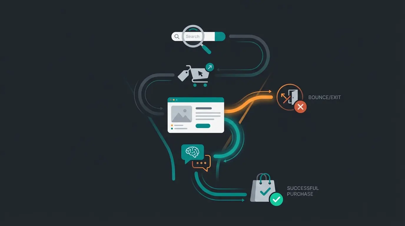 Traffic flow infographic showing Google Shopping visitor journey with bounce vs conversion paths