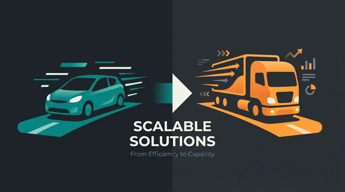 Visual metaphor comparing WooCommerce as agile sports car versus Magento as heavy-duty truck