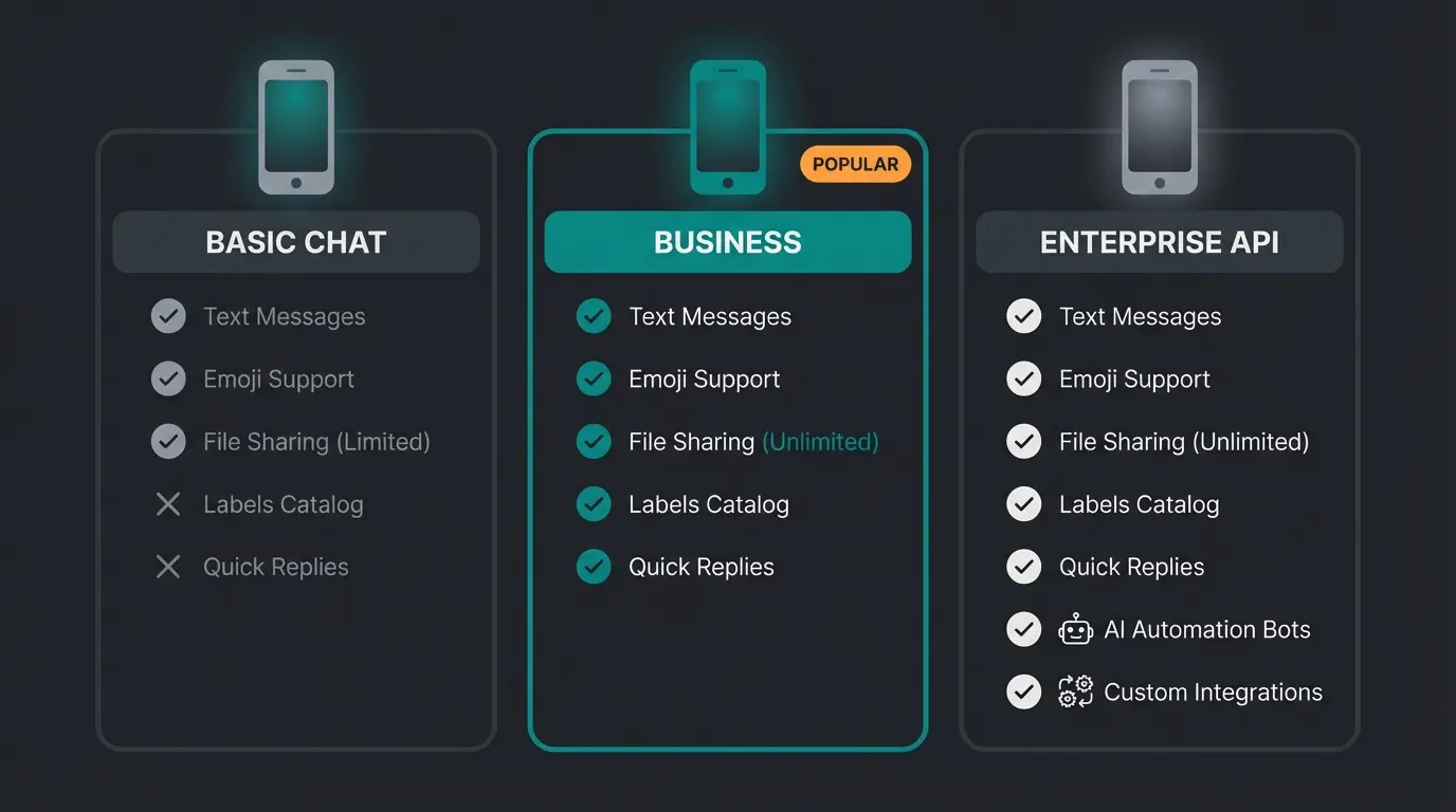 Comparison infographic showing features of WhatsApp Private vs Business App vs Business API