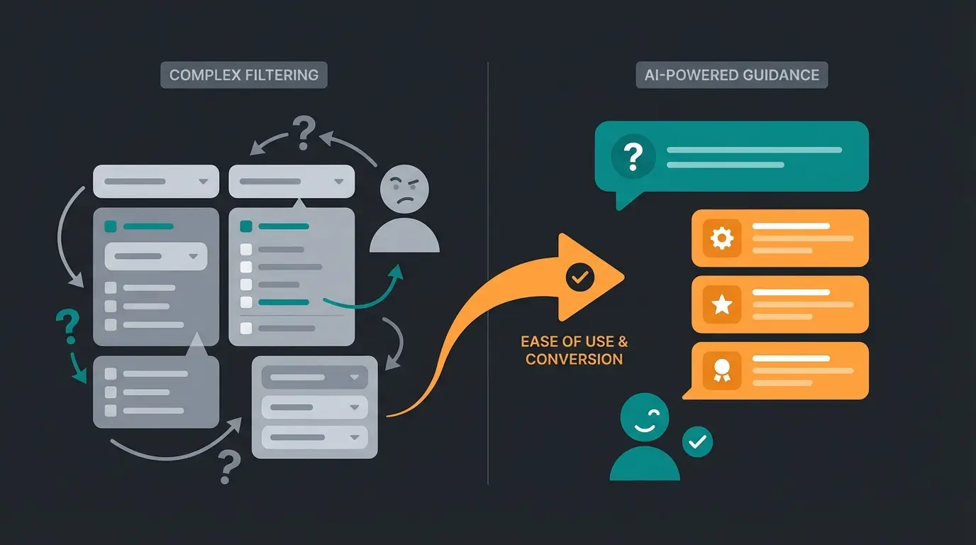 Visual comparison showing overwhelming product filters versus simple AI consultation interface