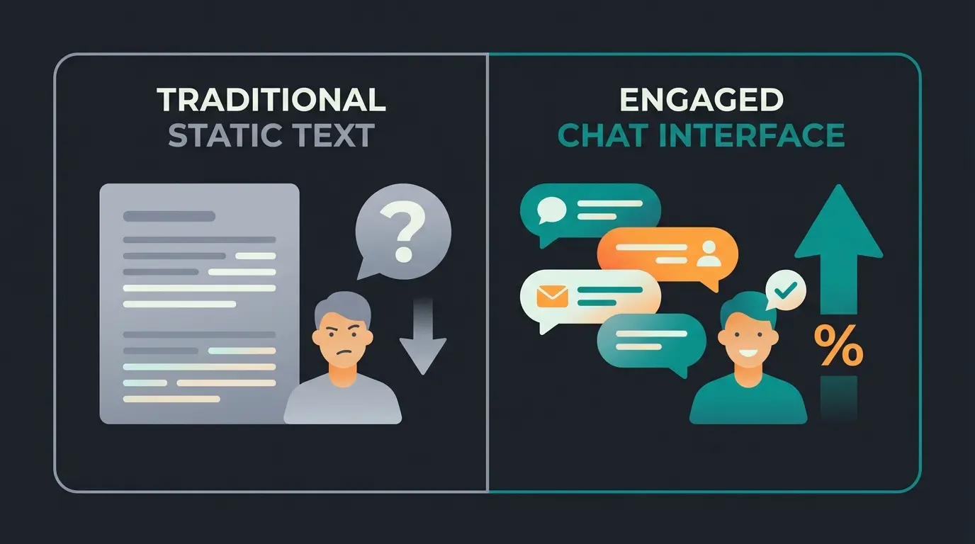 Comparison diagram showing static FAQ versus interactive AI consultation user journey