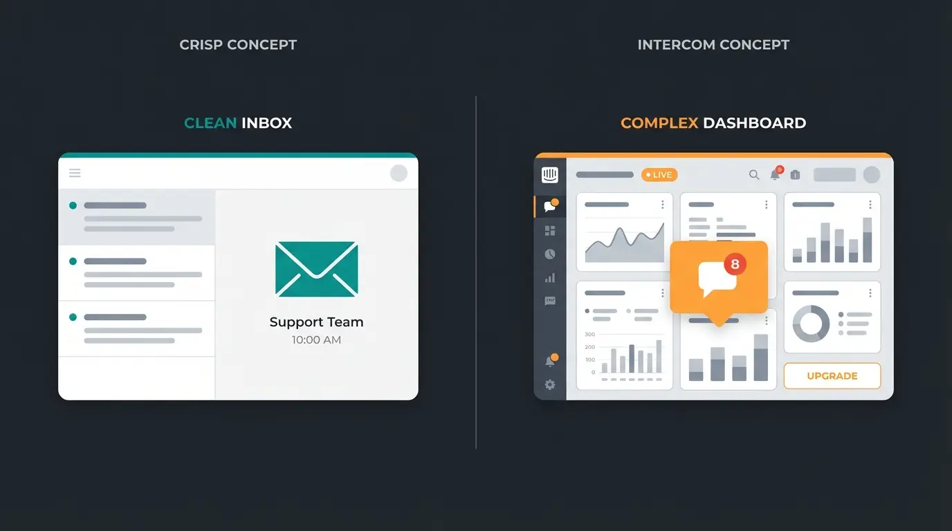Side-by-side comparison of Crisp and Intercom user interfaces showing simplicity versus complexity