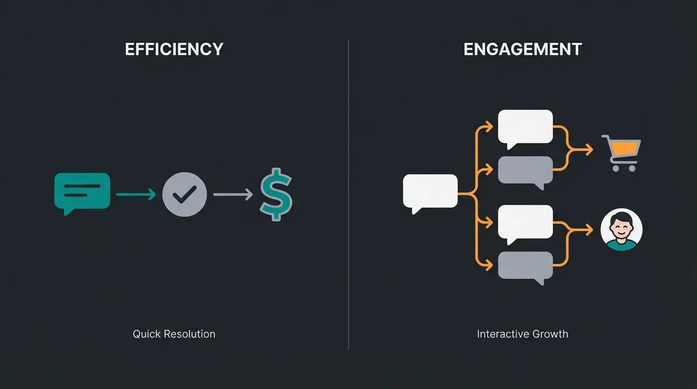 Comparison diagram showing support bot ending conversations quickly versus consultation AI engaging customers in dialogue