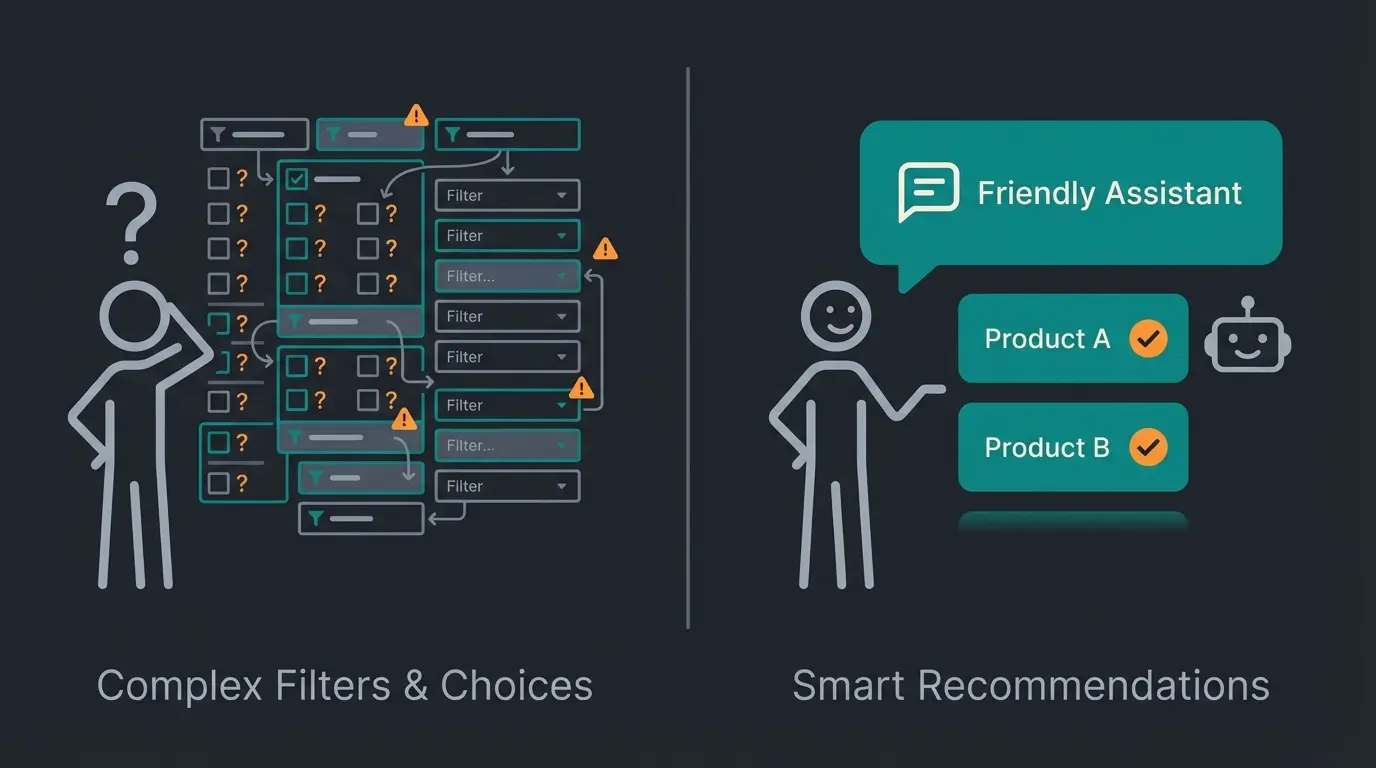 Conversion gap visualization showing customer confusion with standard filters versus AI guidance