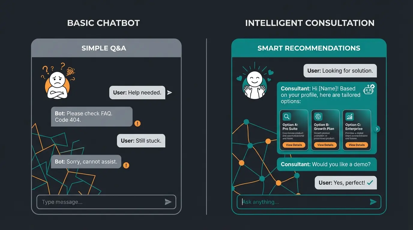 Visual comparison chart showing FAQ bot versus AI product consultant capabilities