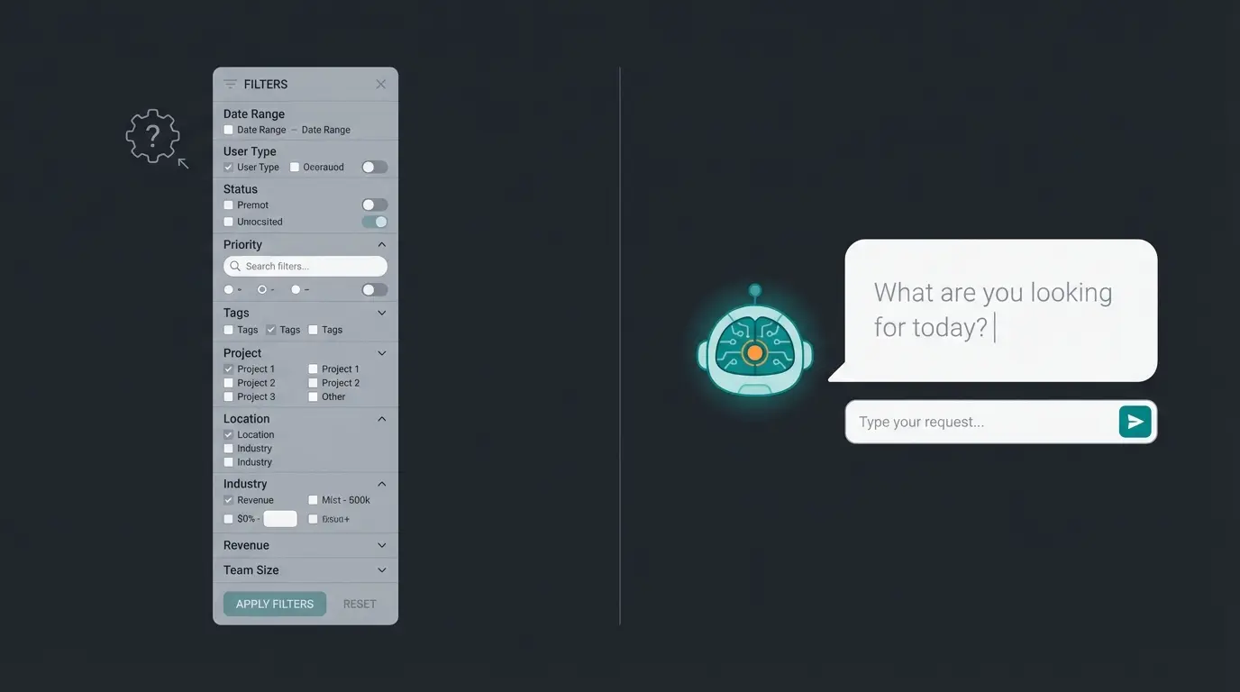 Before and after comparison showing static filter complexity versus clean AI chat interface