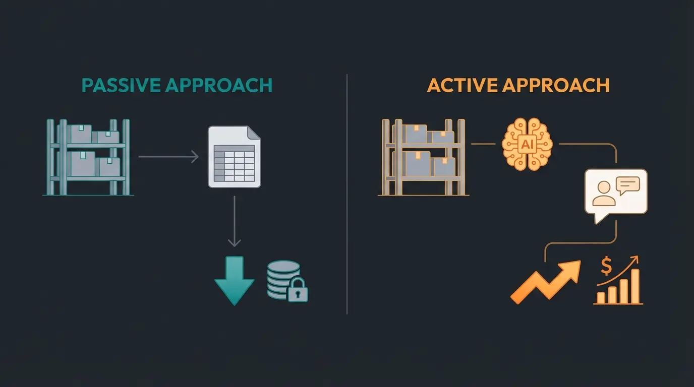 Infografik Passive vs Aktive Bestandsverwaltung mit KI-Integration