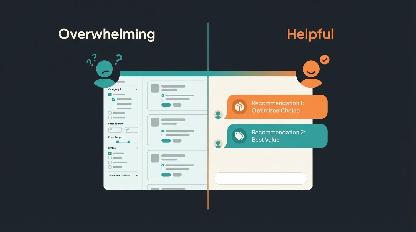 Visual comparison of overwhelming filter interface versus AI consultation chat