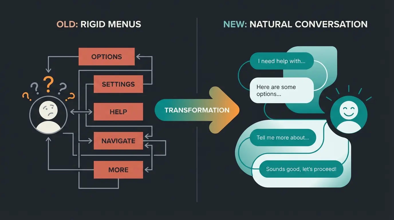 Comparison showing frustrated customer with button-based chatbot versus happy customer with AI chatbot