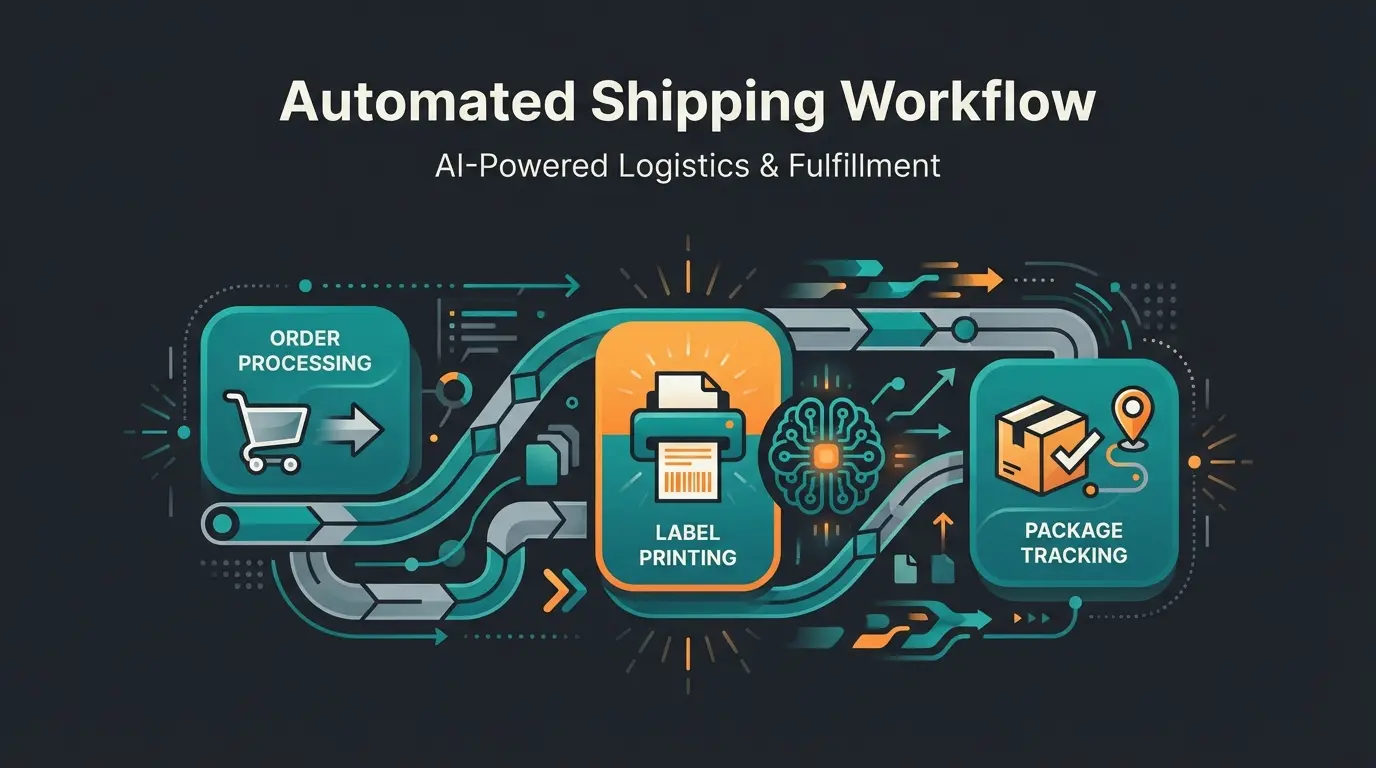 Automated shipping workflow visualization with connected logistics nodes and AI elements