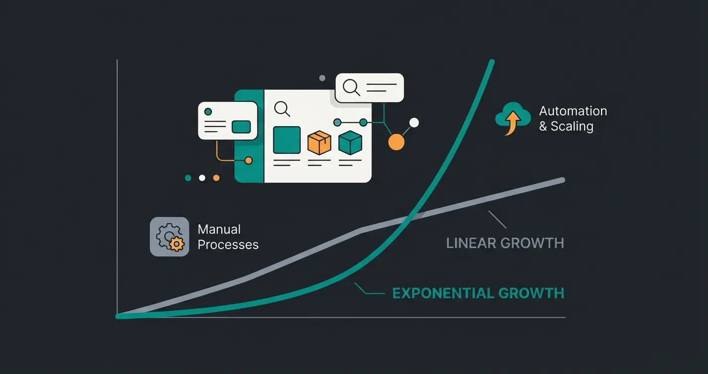 Infografik zeigt exponentielles Skalierungspotenzial von KI-SEO im Vergleich zu linearem klassischen Ansatz