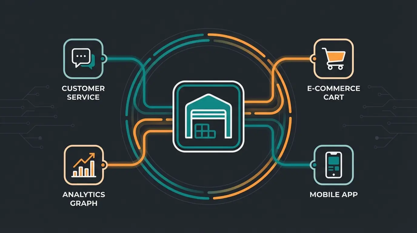 Integrated business ecosystem showing warehouse management connected to AI customer service and sales automation