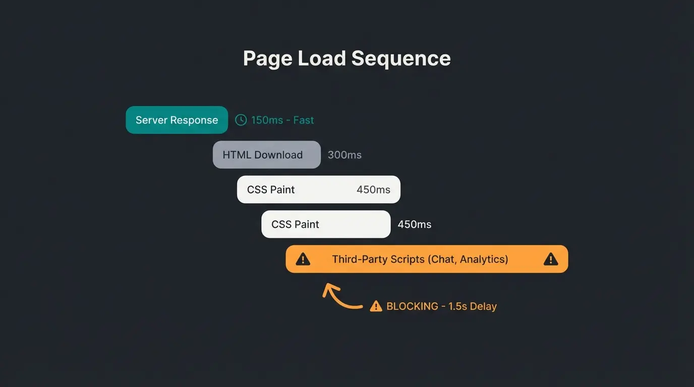Waterfall-Diagramm zeigt wie Drittanbieter-Scripte die Magento Ladezeit blockieren
