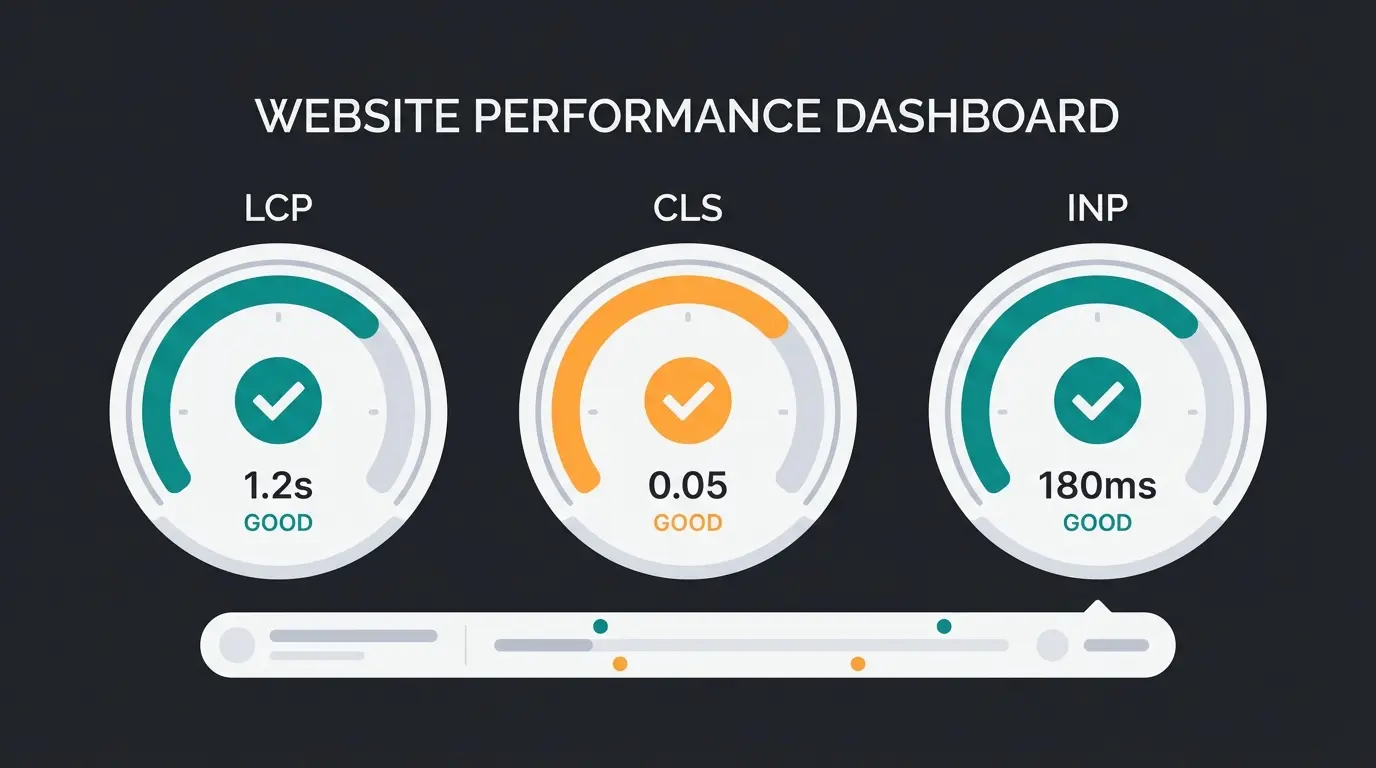 Core Web Vitals Übersicht mit LCP, CLS und INP Metriken und Zielwerten