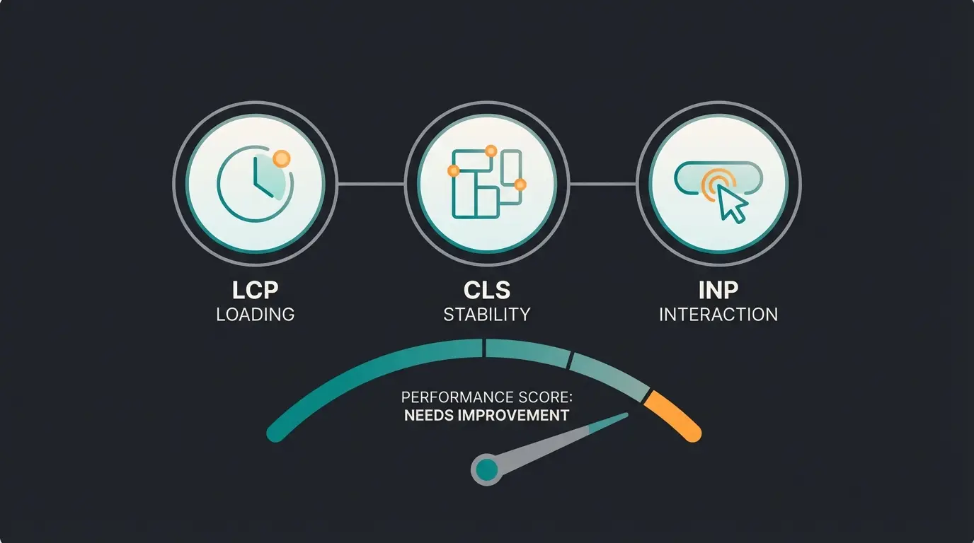 Core Web Vitals Übersicht mit LCP, CLS und INP Metriken