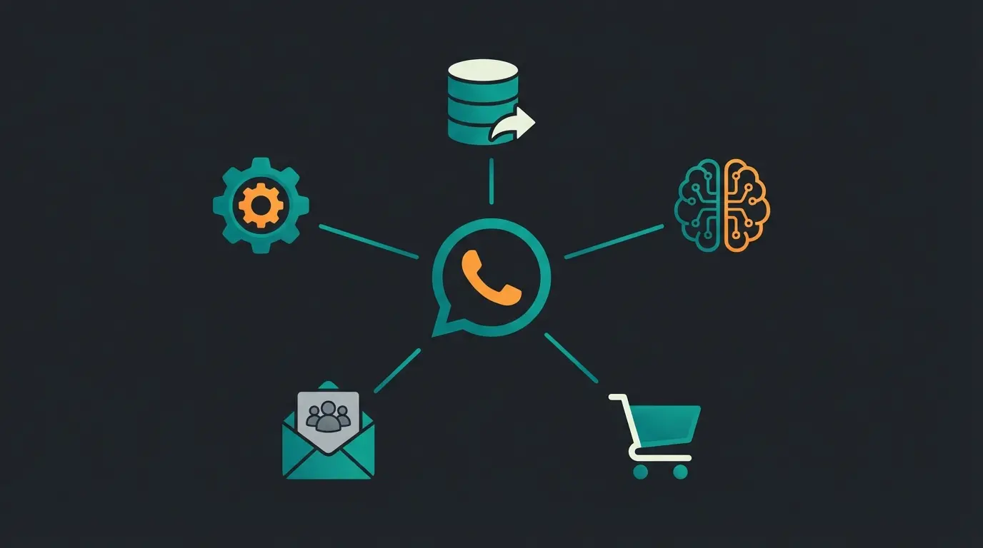 WhatsApp Business API integration diagram showing CRM, AI, and automation connections