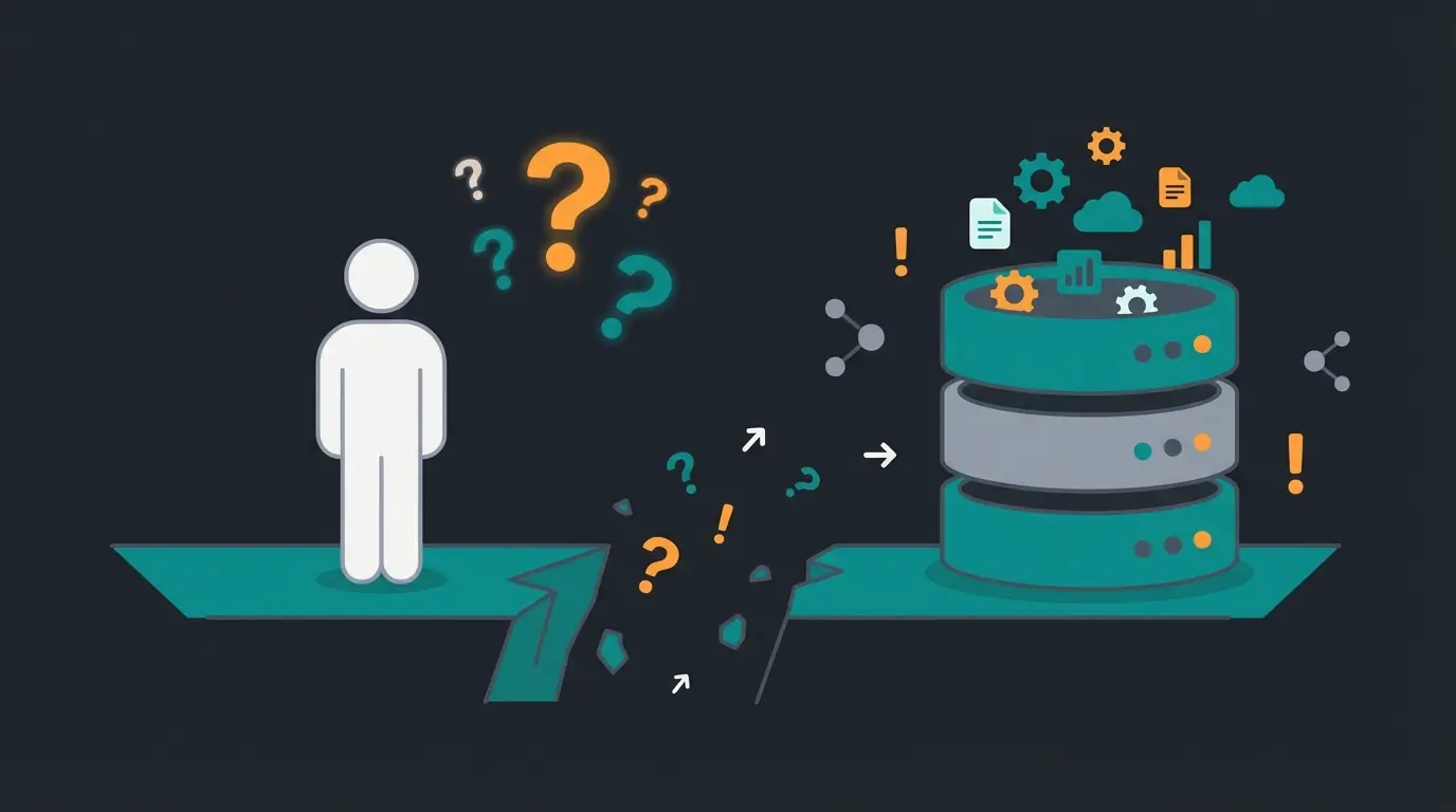 Visualization of the knowledge gap problem in field sales showing disconnected product information and sales representative