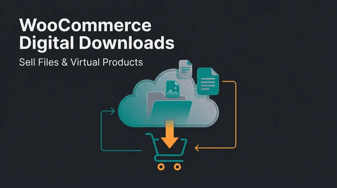 WooCommerce download product setup interface with digital file icons and e-commerce elements