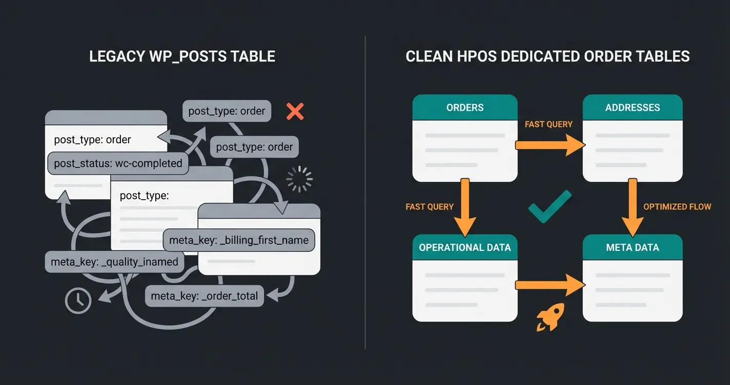 HPOS database architecture comparison showing optimized order storage