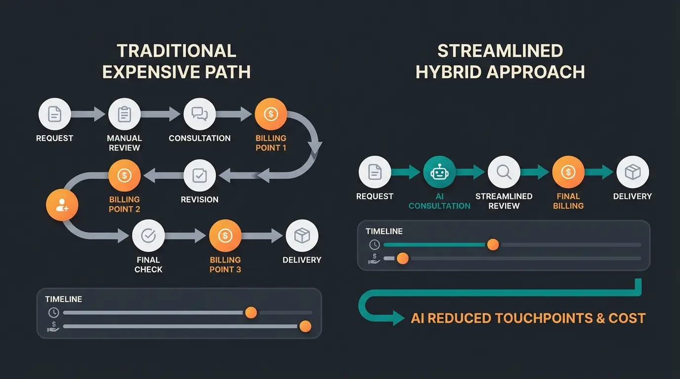 Cost comparison visualization showing traditional vs hybrid development approach
