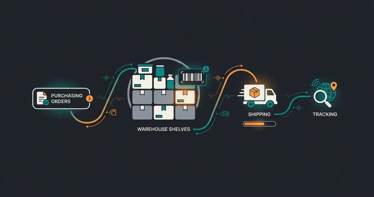 weclapp inventory management workflow showing purchasing, warehousing, and shipping processes