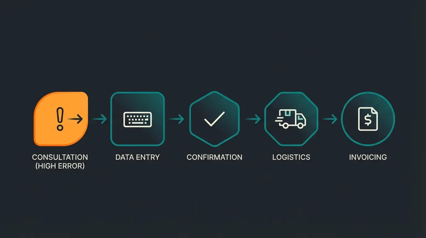 Visualisierung der 5 Phasen der Auftragsabwicklung mit Fehlerpotenzial in Phase 1