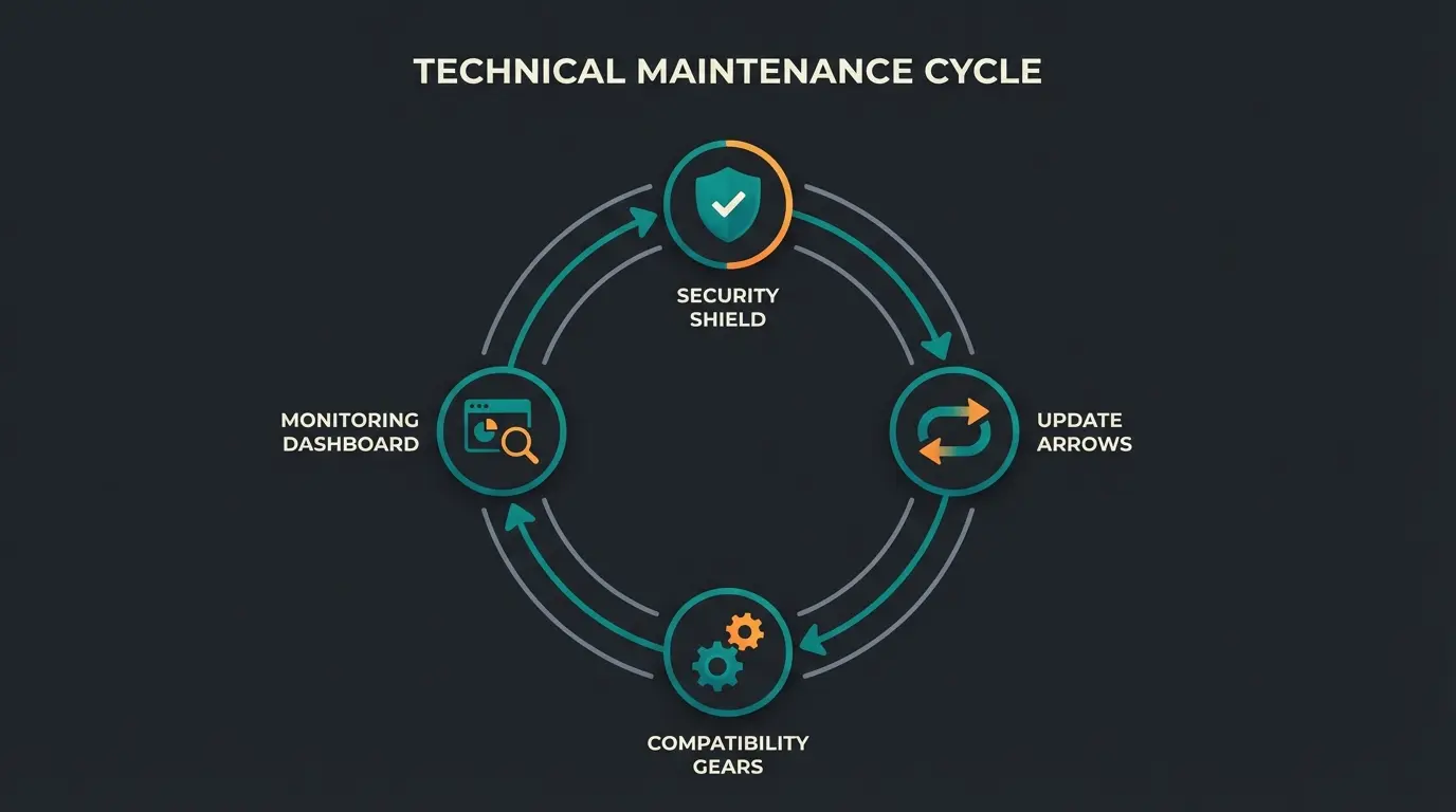 Technical maintenance cycle showing updates, security patches, and compatibility checks