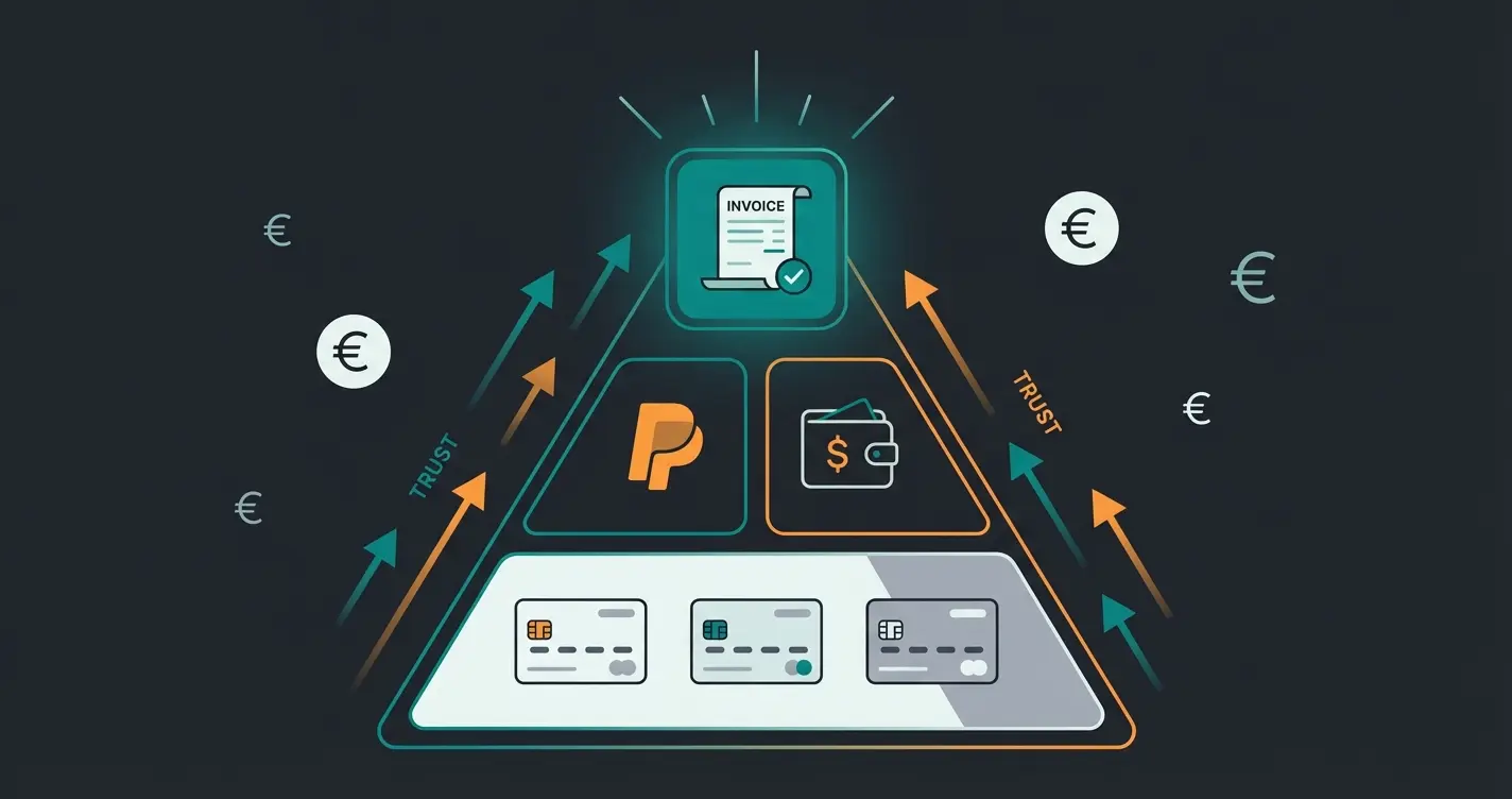 German payment trust hierarchy pyramid showing invoice at top, followed by PayPal, direct debit, then credit cards