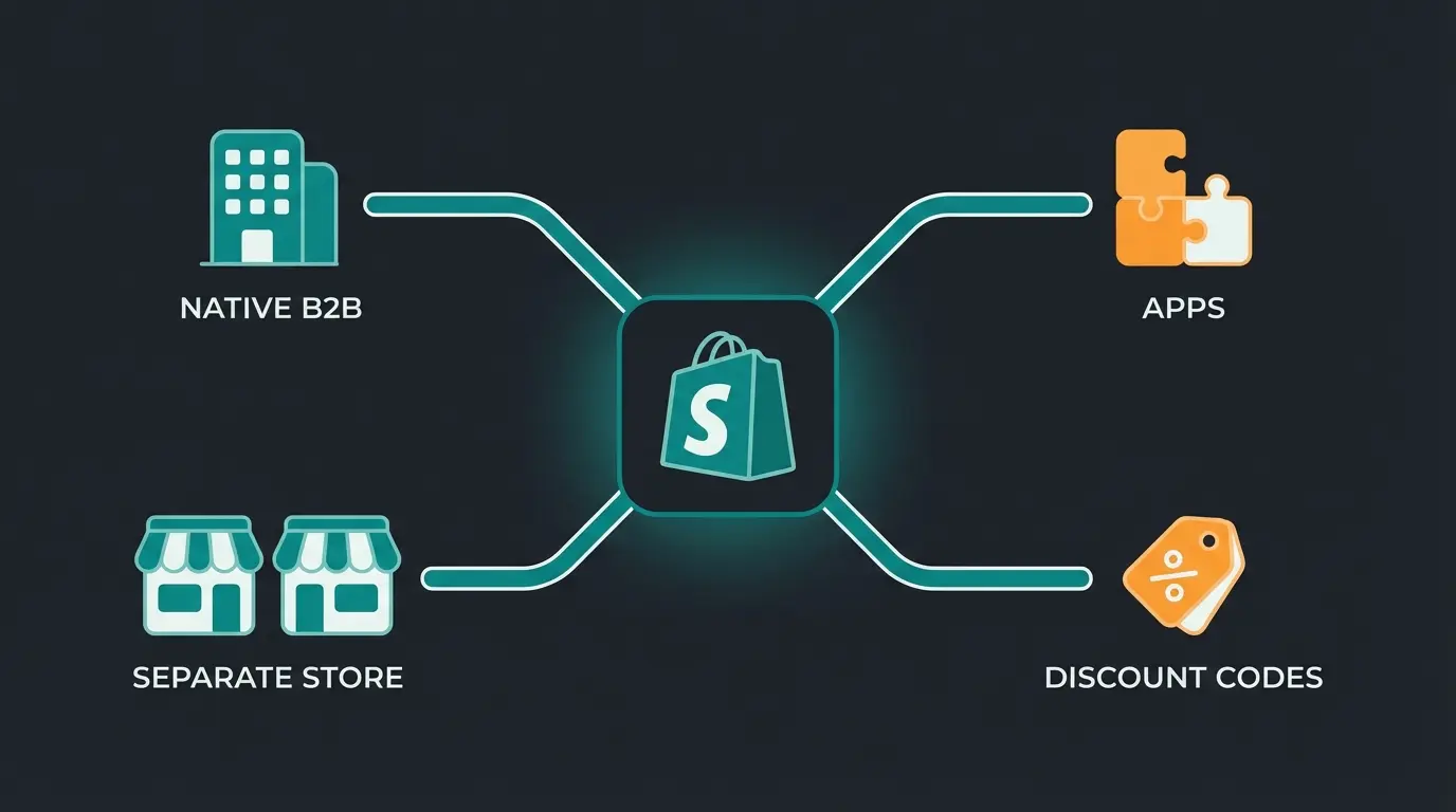 Four Shopify wholesale methods compared: native B2B, wholesale apps, separate store, and discount codes
