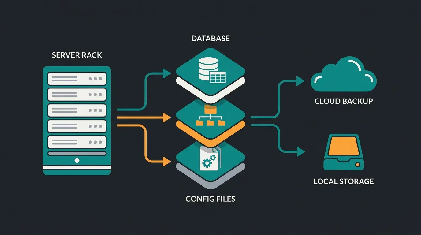Shopware Backup Architektur mit drei Ebenen: Dateisystem, Datenbank und Konfiguration