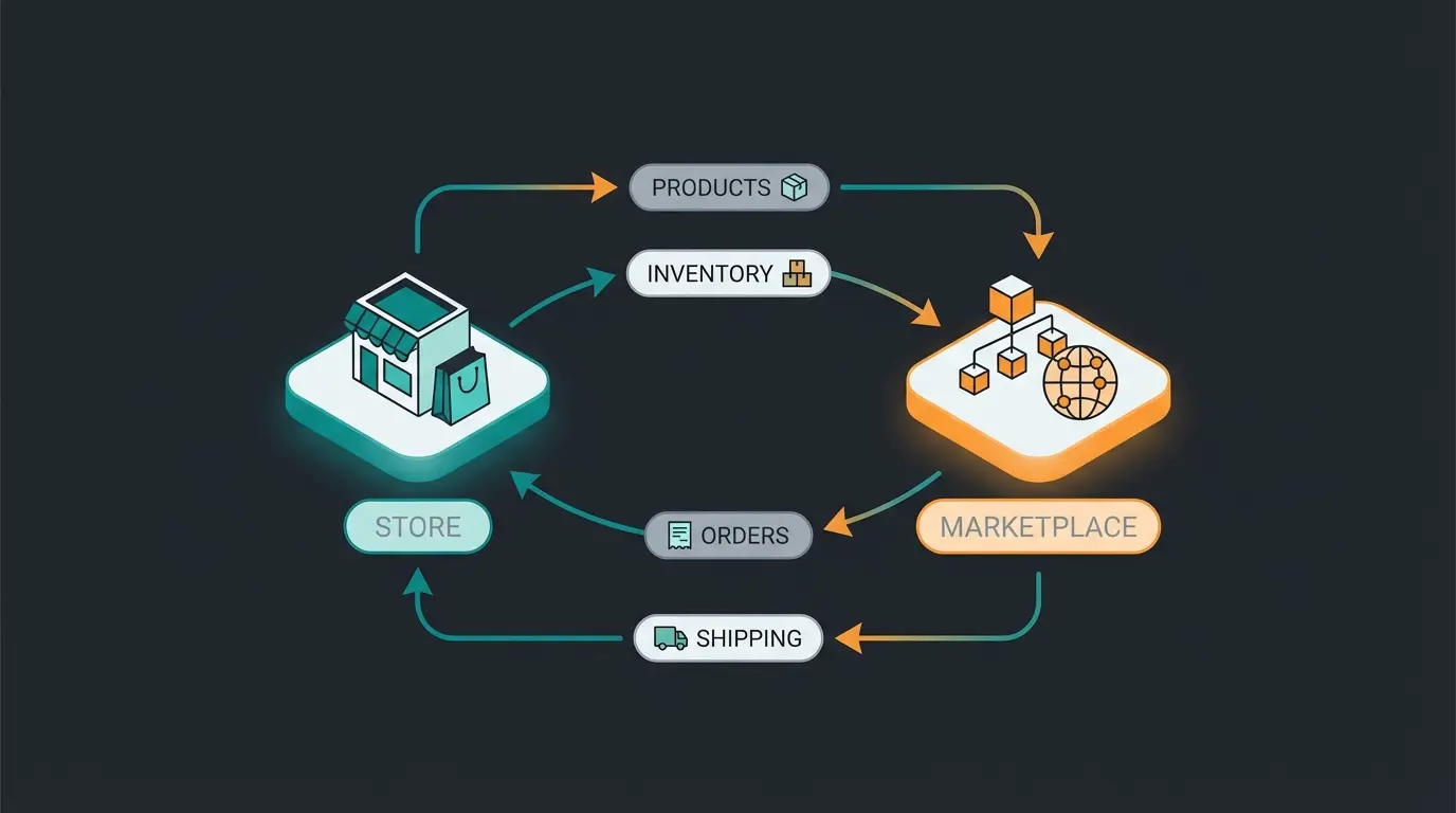 Shopify eBay integration data flow diagram showing product, inventory, order, and shipping sync between platforms