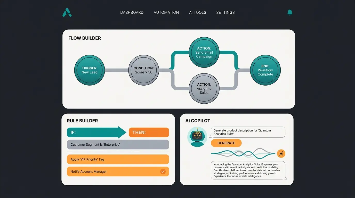 Shopware Rise features overview showing Flow Builder, Rule Builder, and AI Copilot dashboard