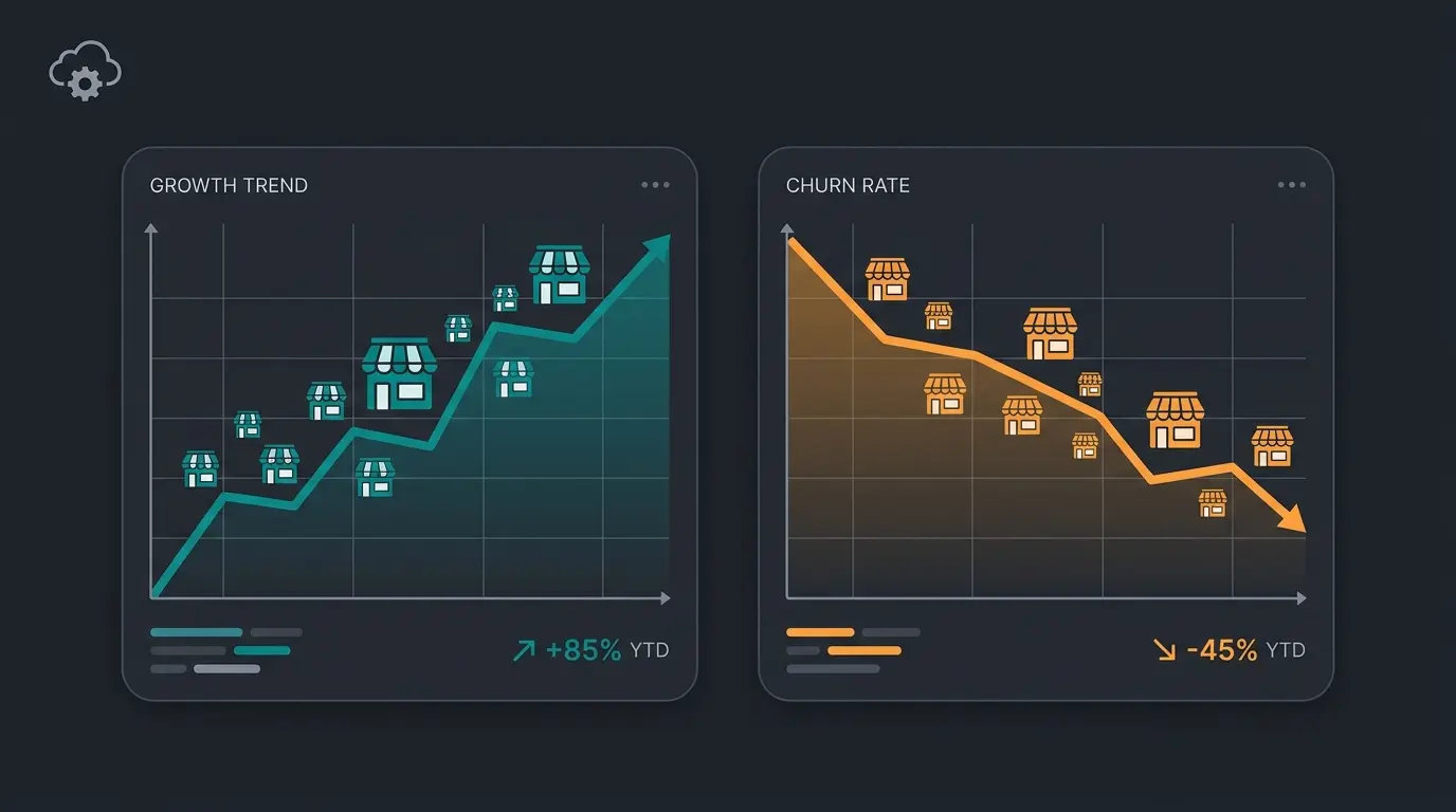Diverging trend lines showing Shopify store growth against Magento store decline in 2026