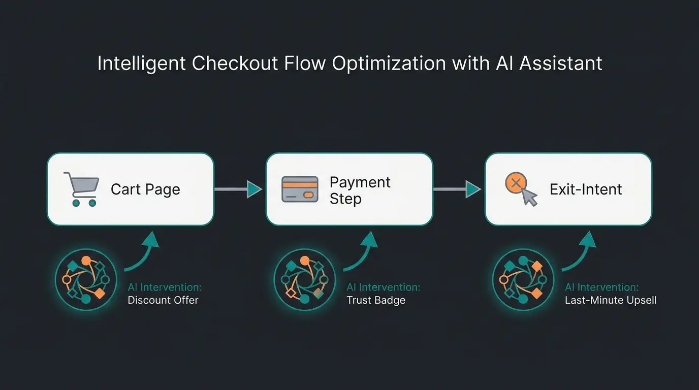 Checkout flow diagram showing AI consultation trigger points at cart page, payment step, and exit-intent