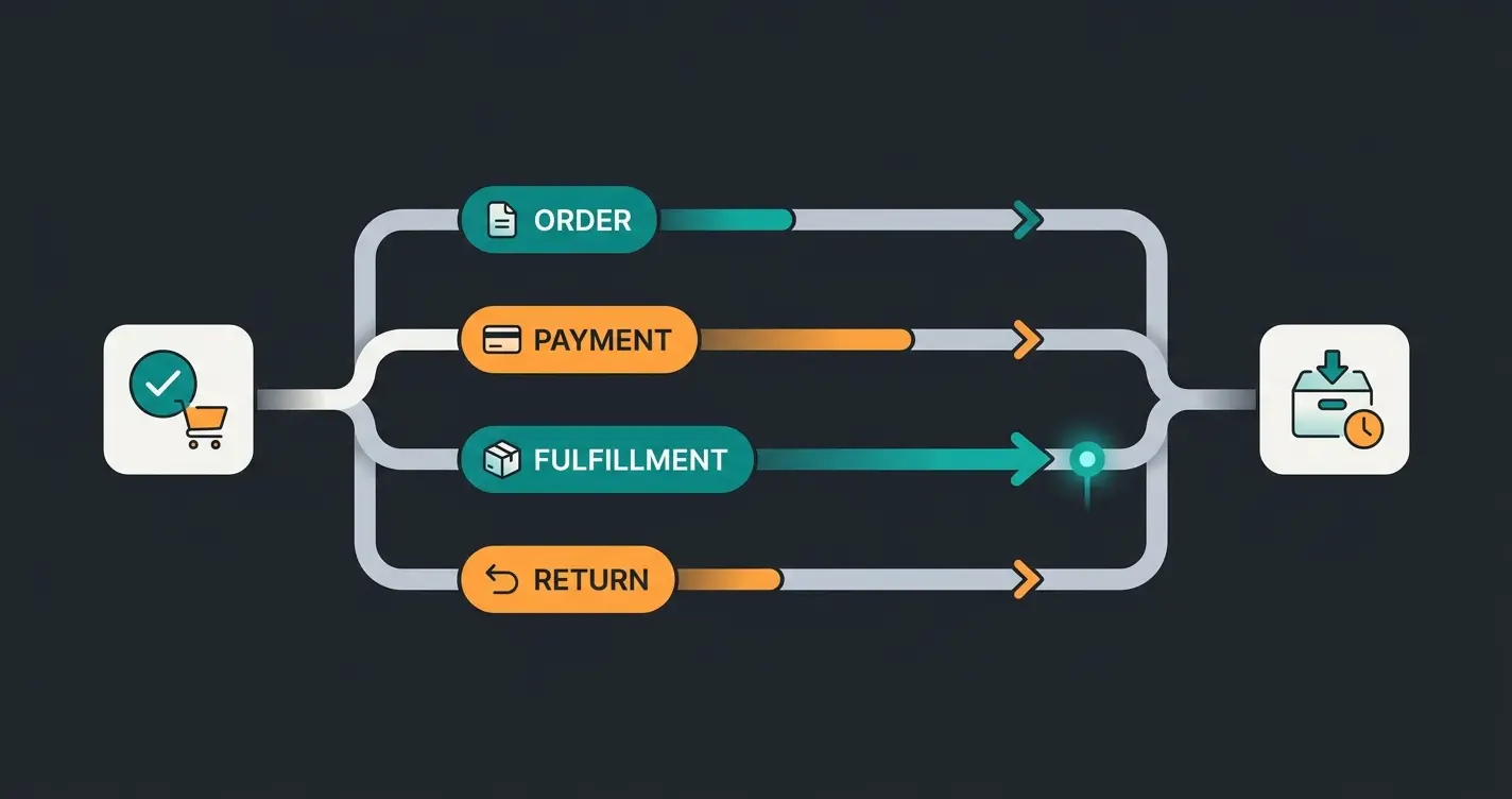 Diagram showing the four independent Shopify order status fields advancing on parallel tracks