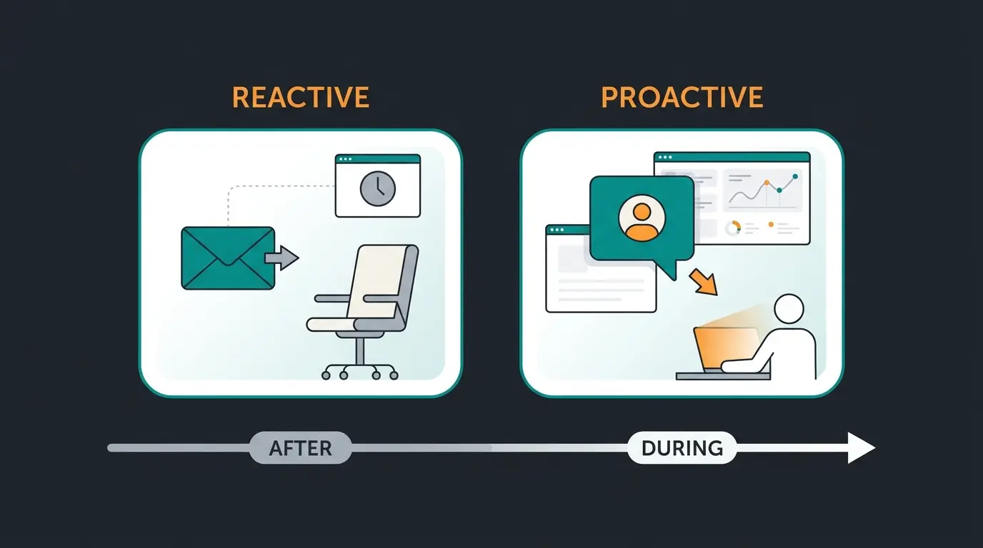 Comparison of reactive cart recovery emails versus proactive AI prevention showing timing difference