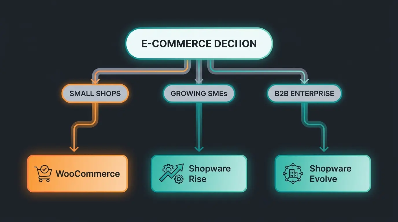 Entscheidungs-Flowchart: WooCommerce für kleine Shops, Shopware Rise für KMU, Shopware Evolve für B2B