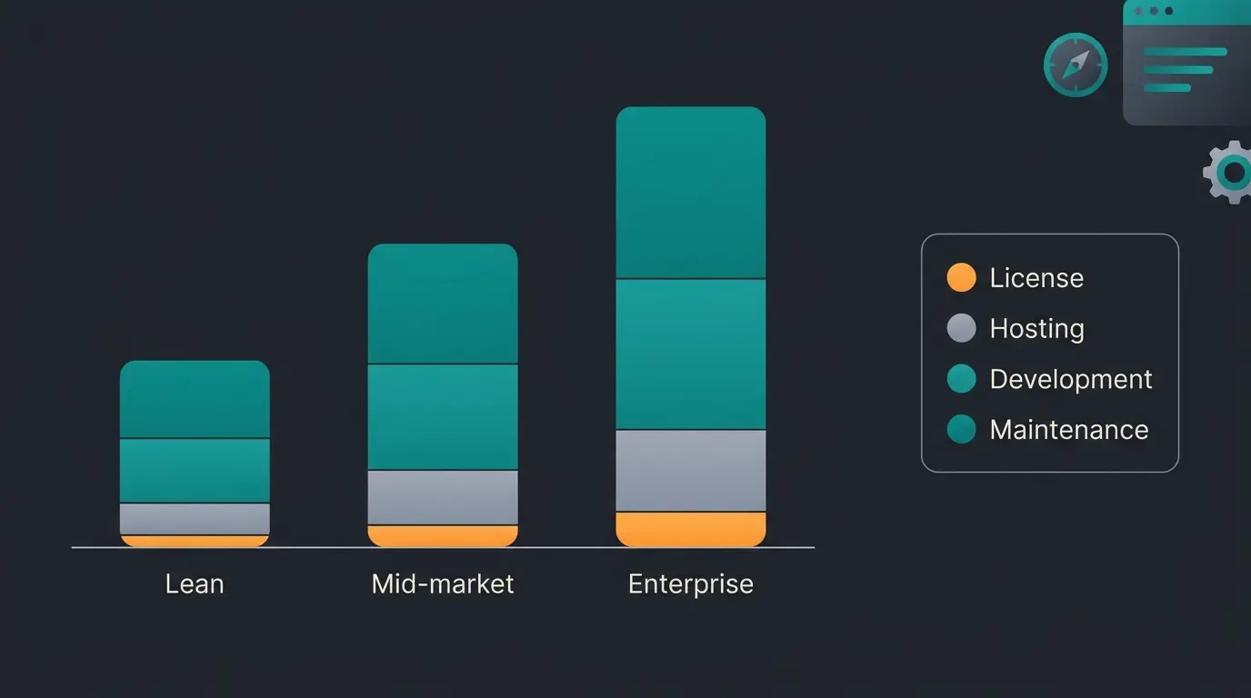 Three-tier Shopware TCO comparison showing lean, mid-market, and enterprise cost profiles with license as a small fraction of total