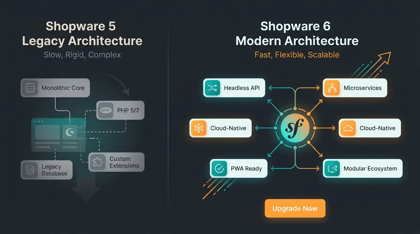 Vergleich Shopware 5 und Shopware 6 Architektur: Legacy-System vs. moderne Symfony-basierte Plattform