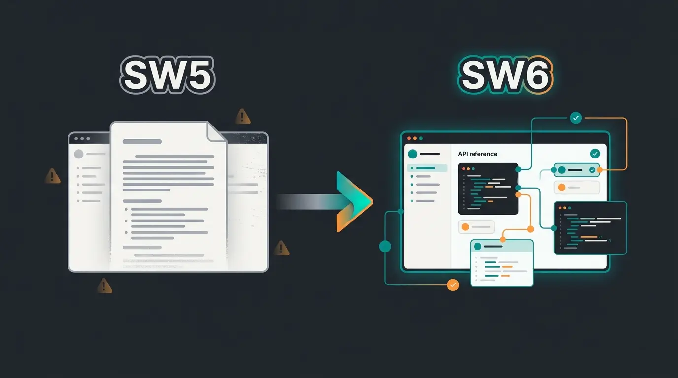 Comparison of Shopware 5 and Shopware 6 documentation approaches showing the migration from monolithic to API-first architecture