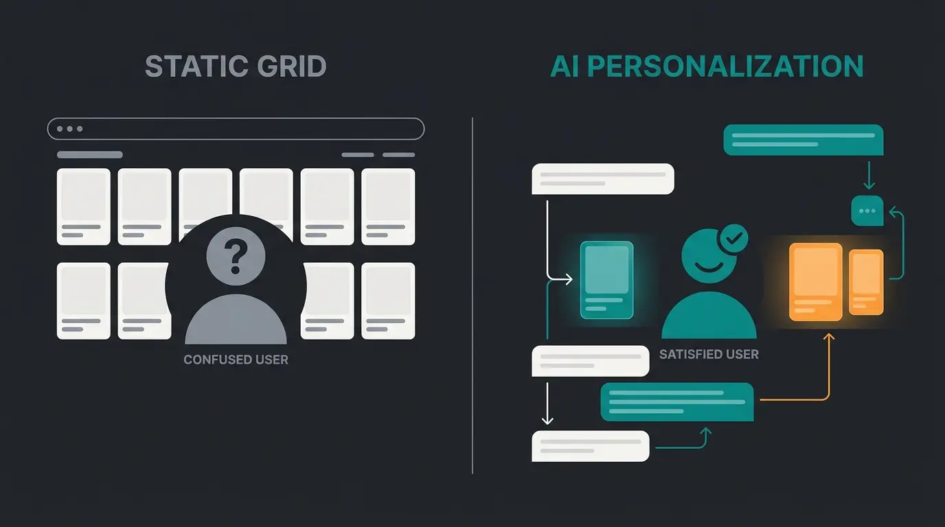 Comparison of traditional product browsing versus AI-powered product consultation in a Shopware shop