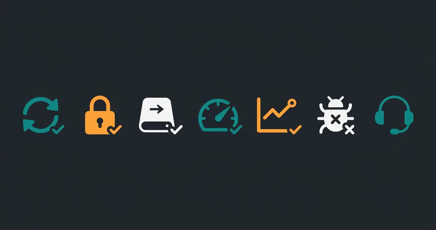 Shopware maintenance checklist icons for updates, security, backups, performance, monitoring, bug fixing, and support