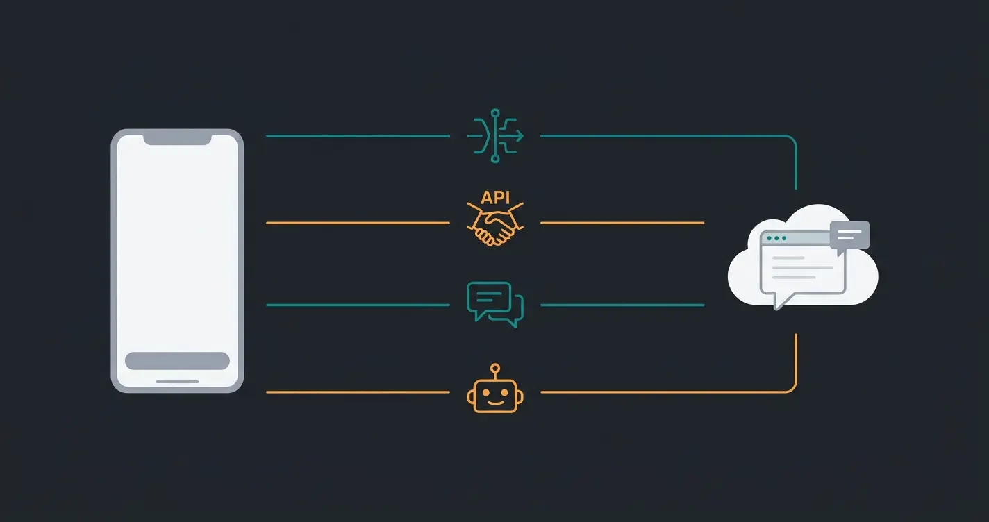 Four integration methods connecting a mobile app to a chatbot service: native SDK, REST API, WebView widget and no-code plug-in