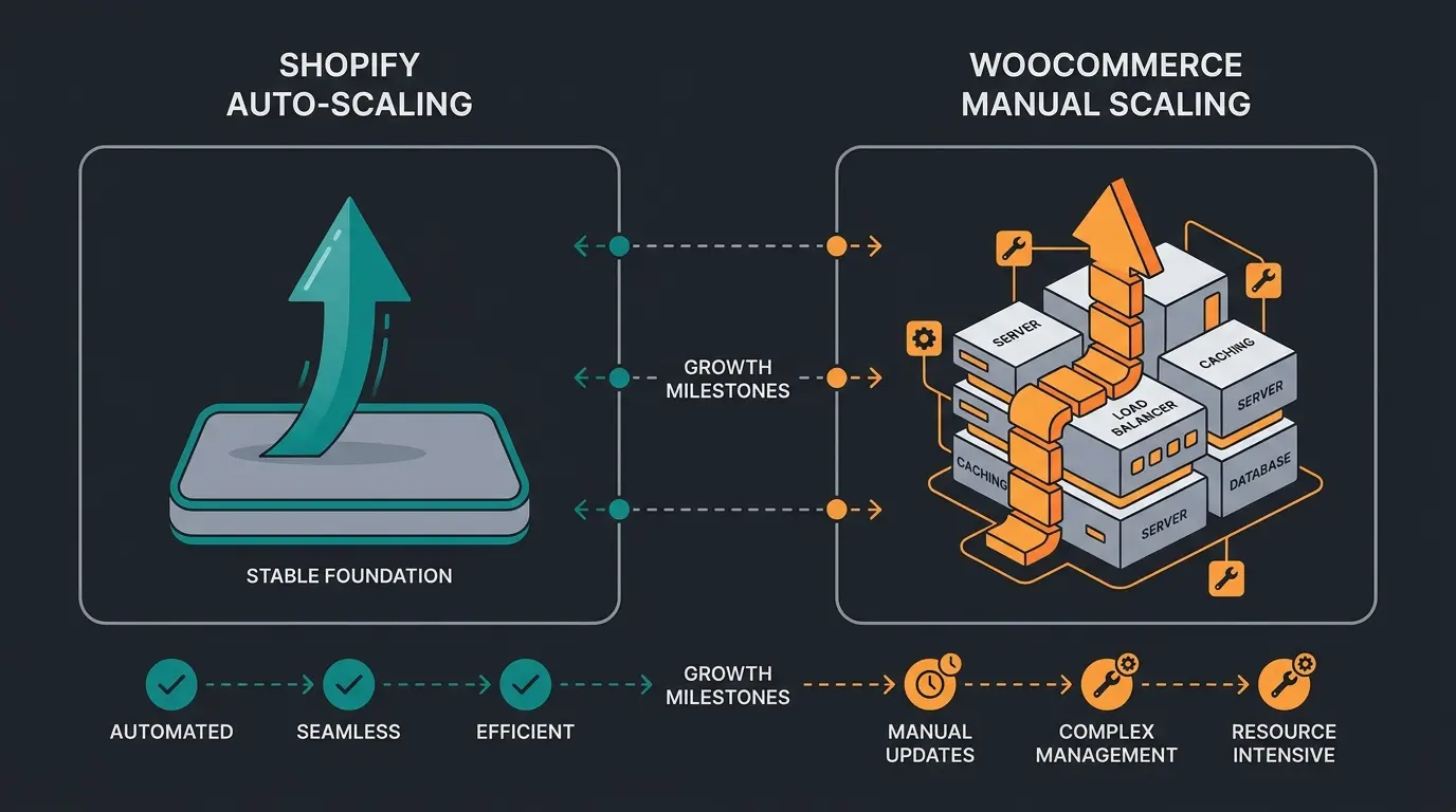 Shopify vs WooCommerce scalability comparison showing automatic versus manual scaling approaches