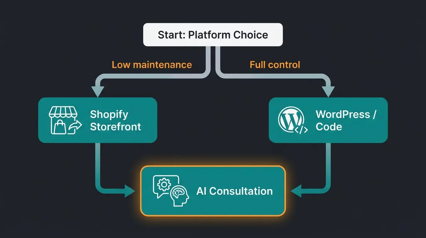 Decision flowchart for choosing between Shopify and WooCommerce based on maintenance needs and control preferences