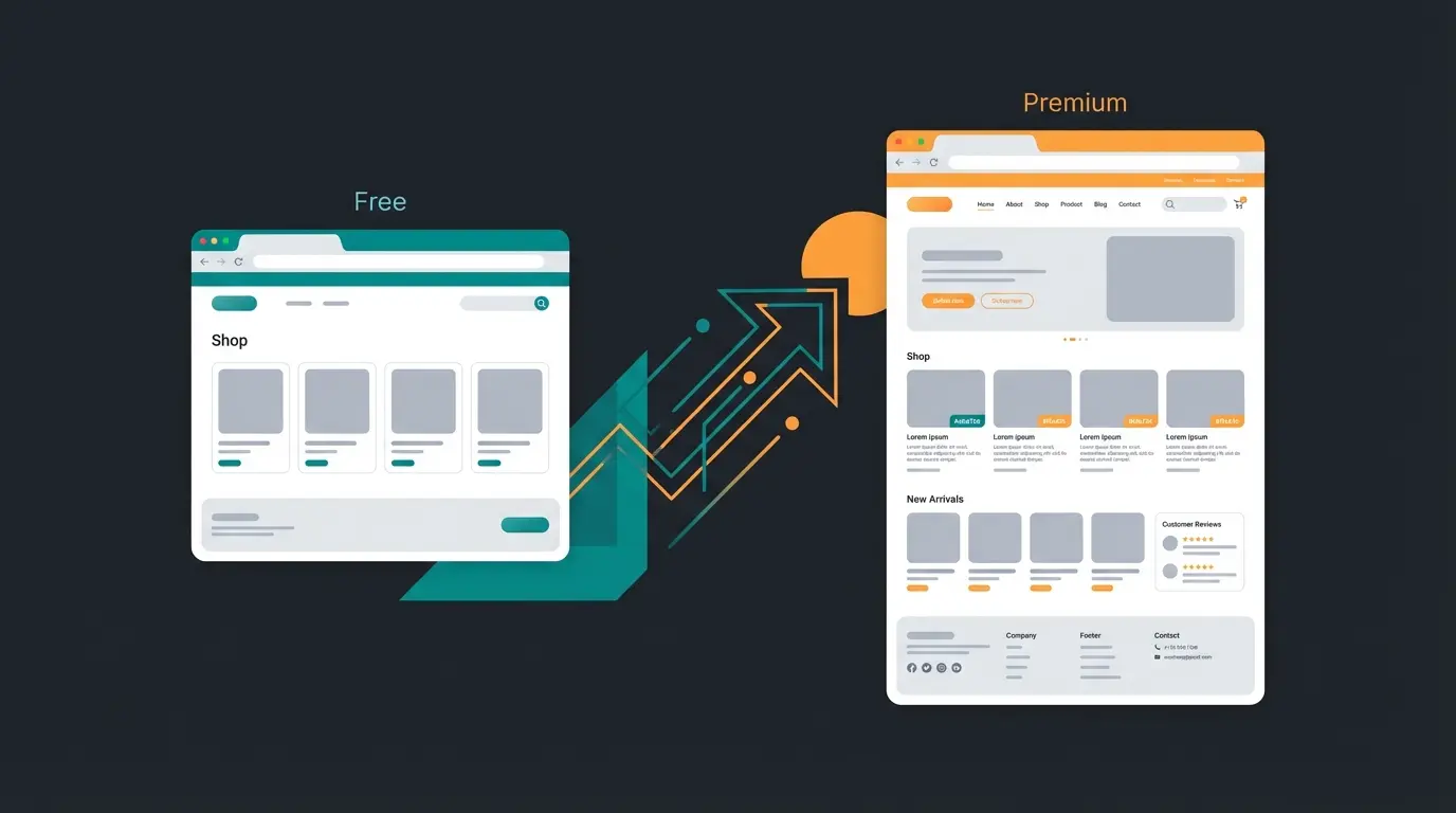 Vergleich zwischen kostenlosen und Premium Shopify Templates mit unterschiedlichem Feature-Umfang