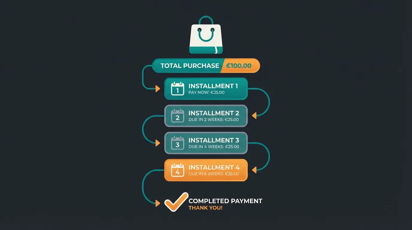 Buy now pay later concept showing a purchase split into four equal installments with checkout confirmation