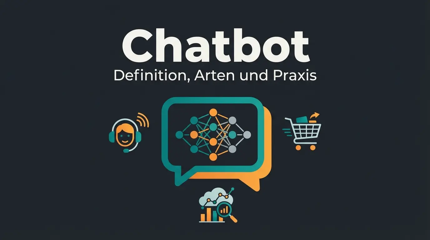 Chatbot Illustration mit KI-Symbolen für Kundenservice und E-Commerce