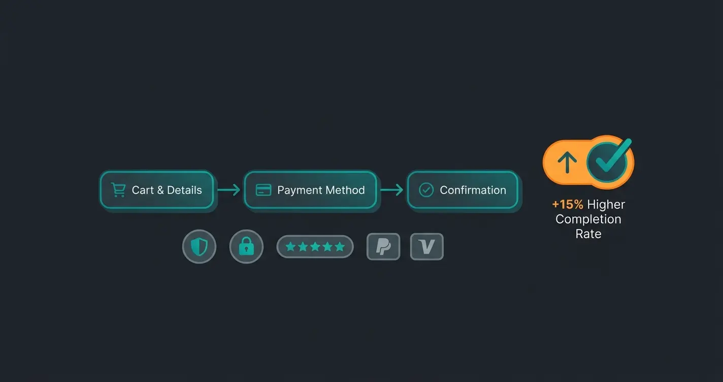 Checkout optimization flow showing streamlined steps with trust badges increasing completion rate