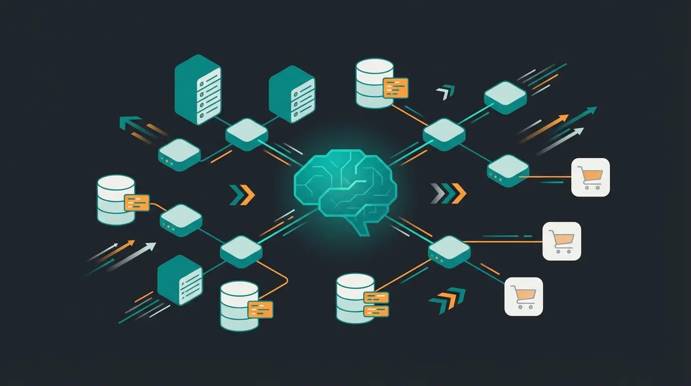 Abstract visualization of Magento hosting infrastructure with AI elements and server connections